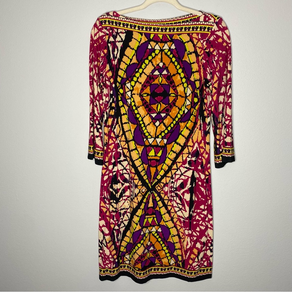 Ice Women’s Square Neck 3/4 Sleeve Stain Glass Abstract Pattern Shift Dress Sz 4